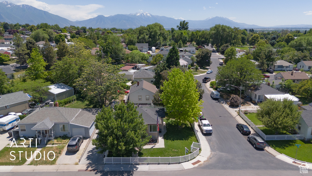 Aerial perspective of suburban area featuring mountains