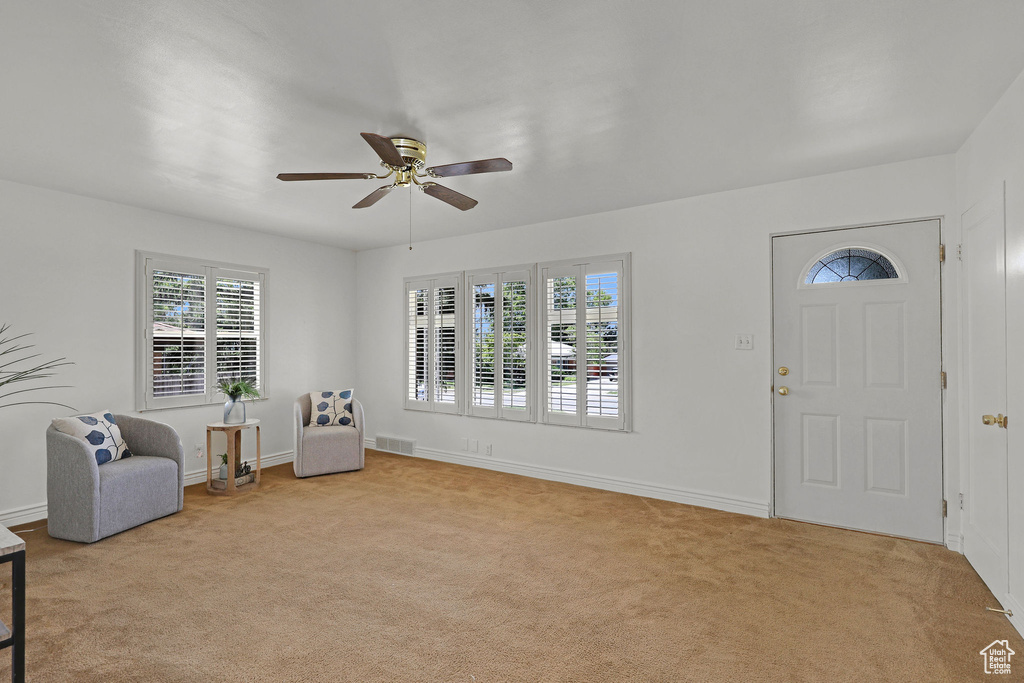 Foyer entrance featuring light colored carpet, plenty of natural light, and a ceiling fan