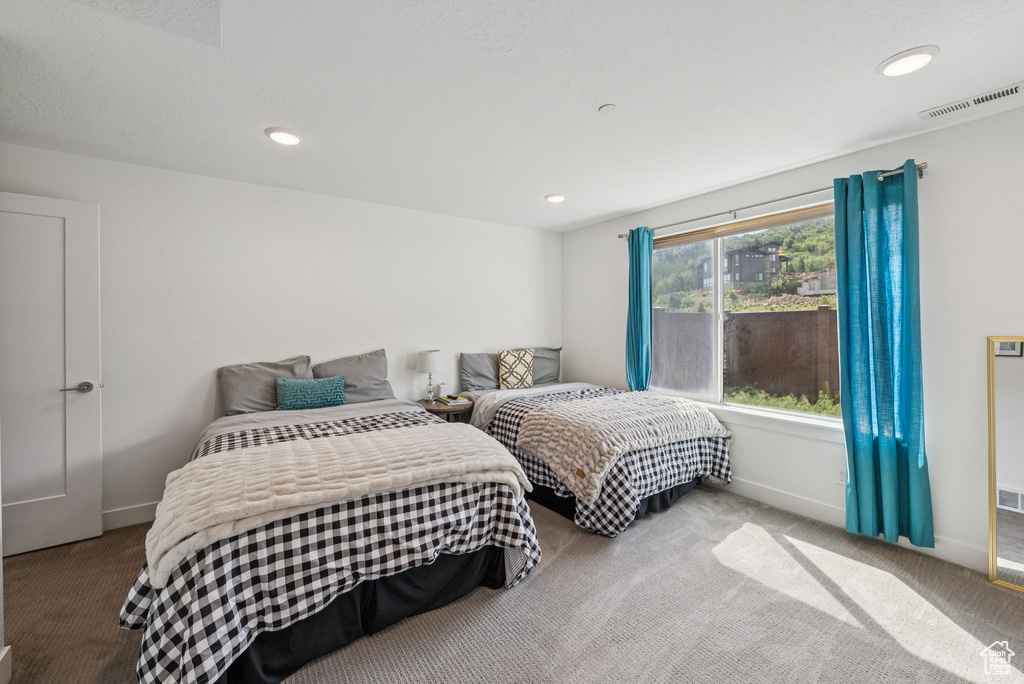 Bedroom featuring carpet floors, baseboards, and recessed lighting