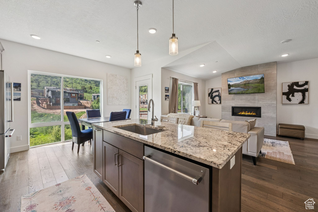 Kitchen featuring a sink, dishwasher, dark wood-style flooring, healthy amount of natural light, and a textured ceiling