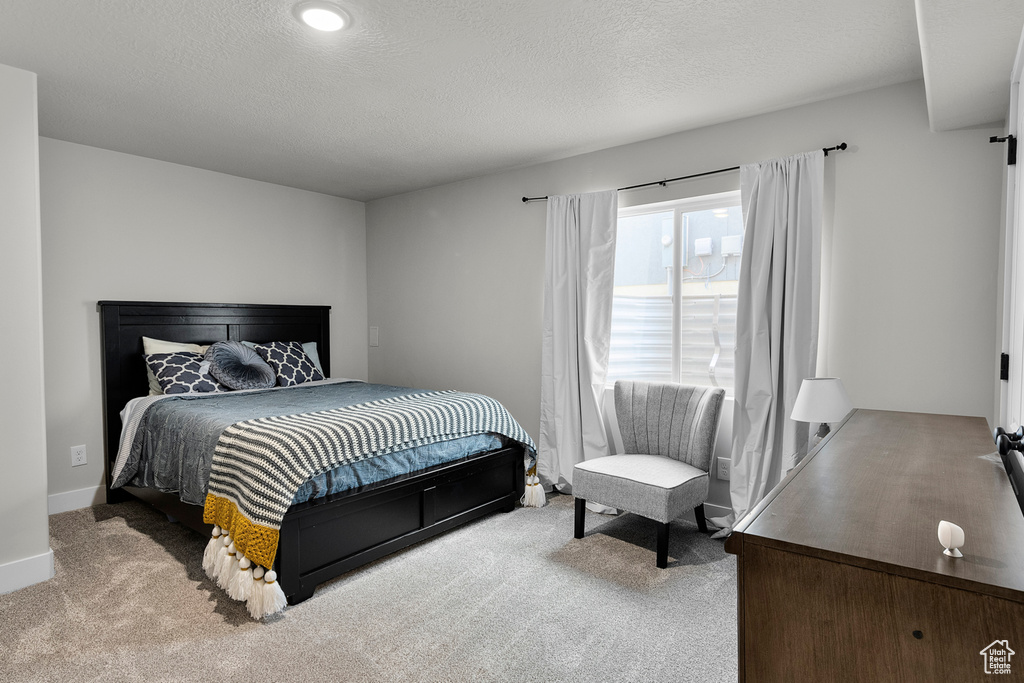 Carpeted bedroom with a textured ceiling and baseboards