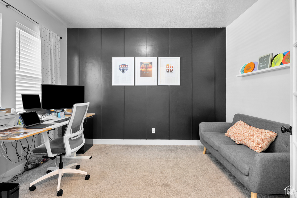 Office area featuring carpet floors and a decorative wall