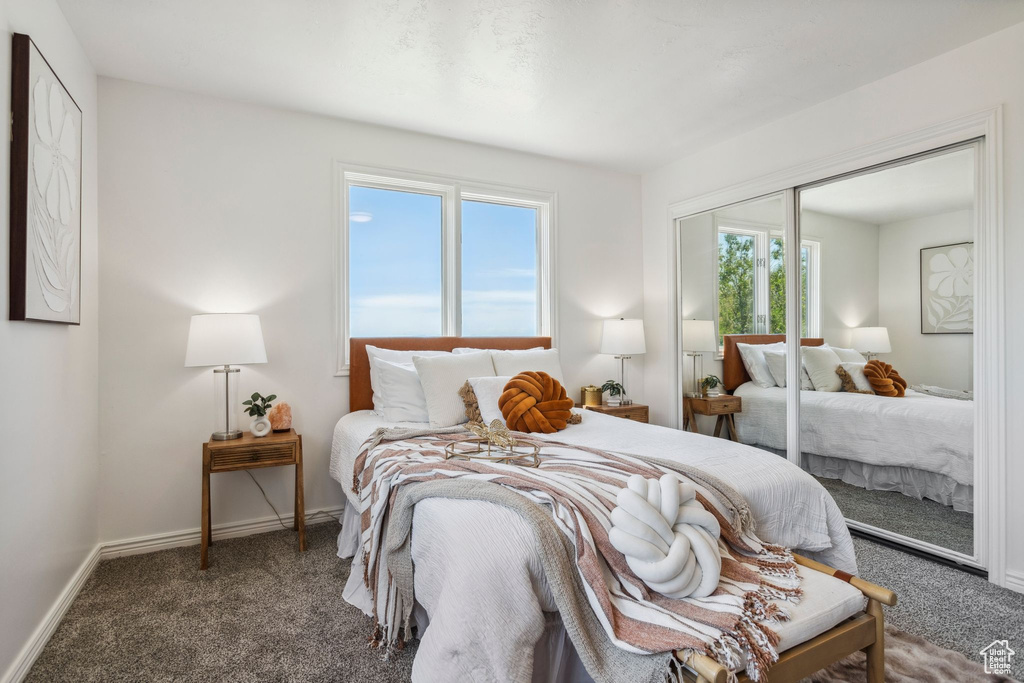 Bedroom featuring carpet, a closet, and baseboards