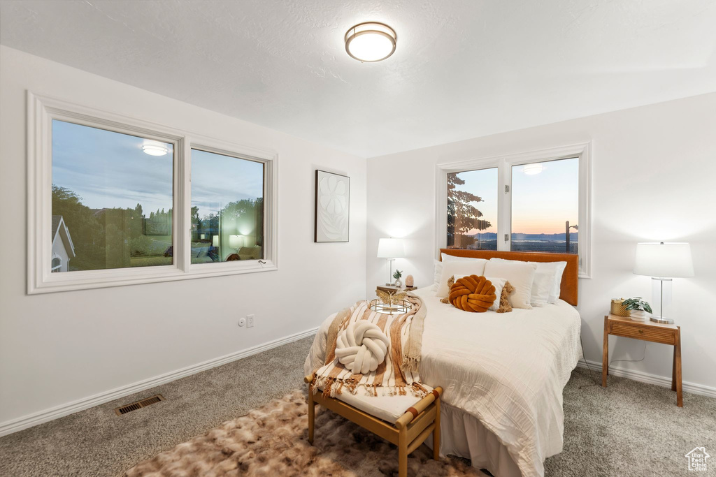 Carpeted bedroom featuring baseboards