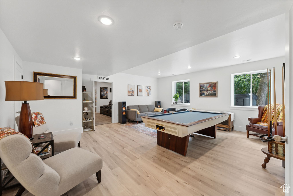 Rec room with pool table, light wood-style flooring, and recessed lighting