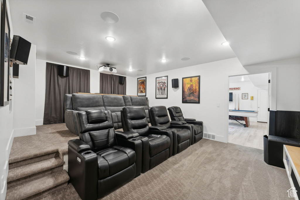 Carpeted cinema featuring baseboards and recessed lighting