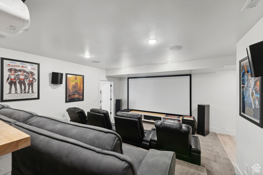 Cinema featuring recessed lighting, carpet, and baseboards