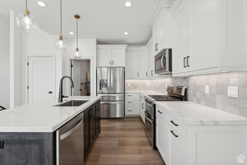 Kitchen with appliances with stainless steel finishes, a sink, wood finished floors, tasteful backsplash, and recessed lighting