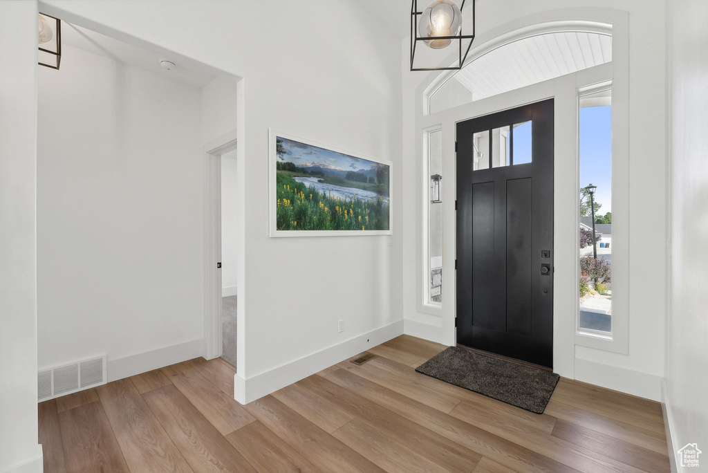 Foyer with wood finished floors, healthy amount of natural light, and baseboards