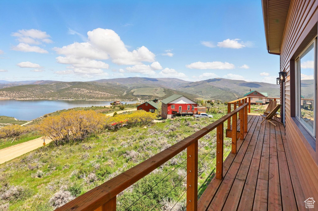 Wooden terrace with a water and mountain view