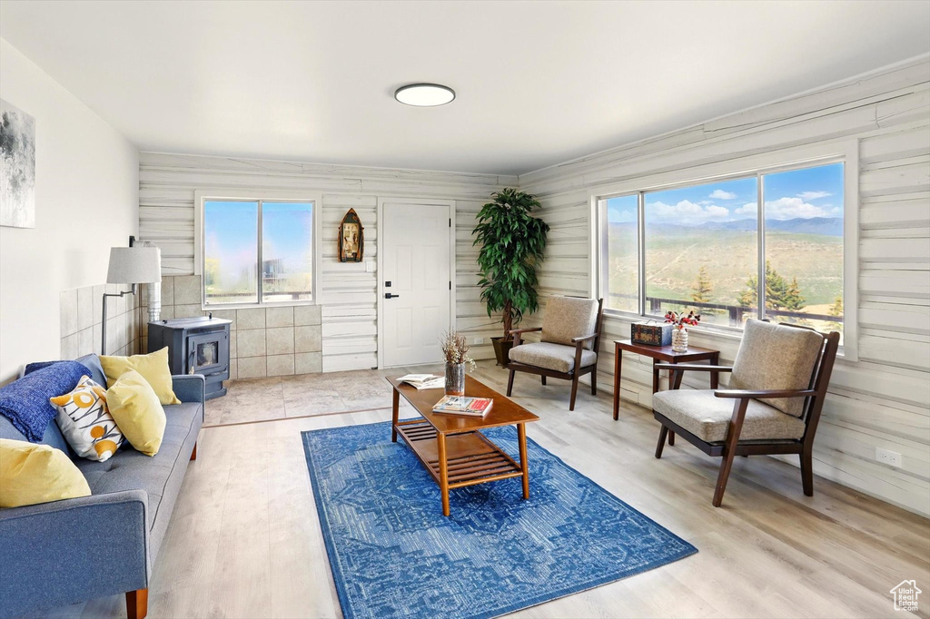 Living area featuring a wood stove, light wood-style flooring, and healthy amount of natural light