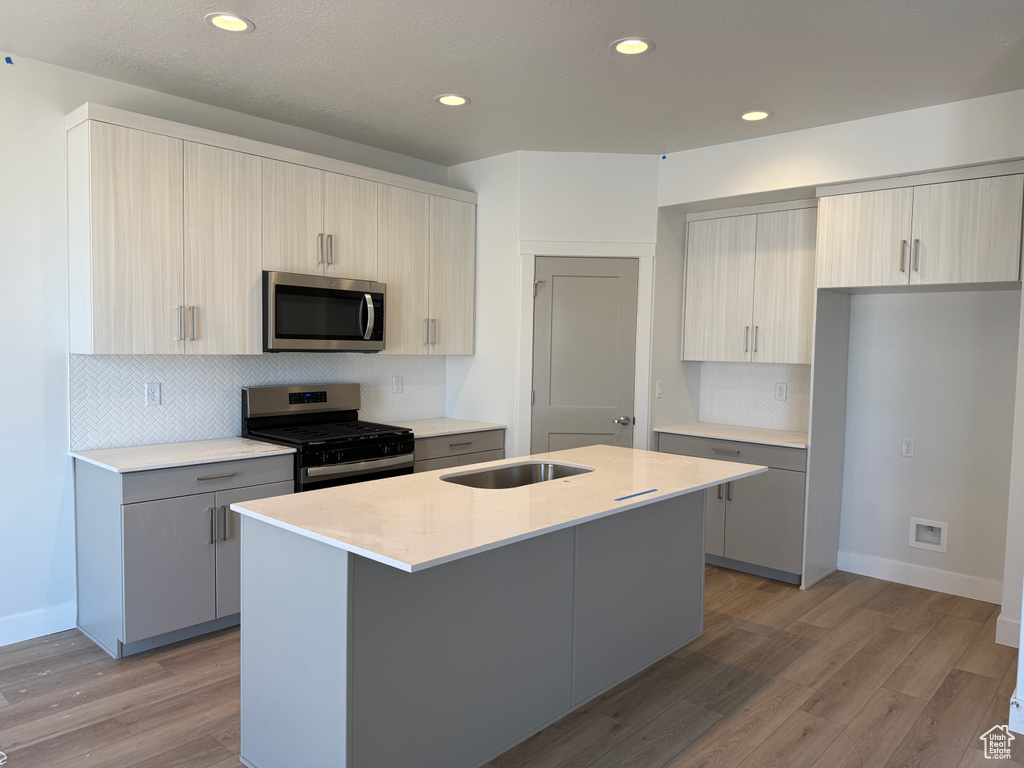 Kitchen featuring stainless steel appliances, a sink, light countertops, light wood-type flooring, and a center island with sink