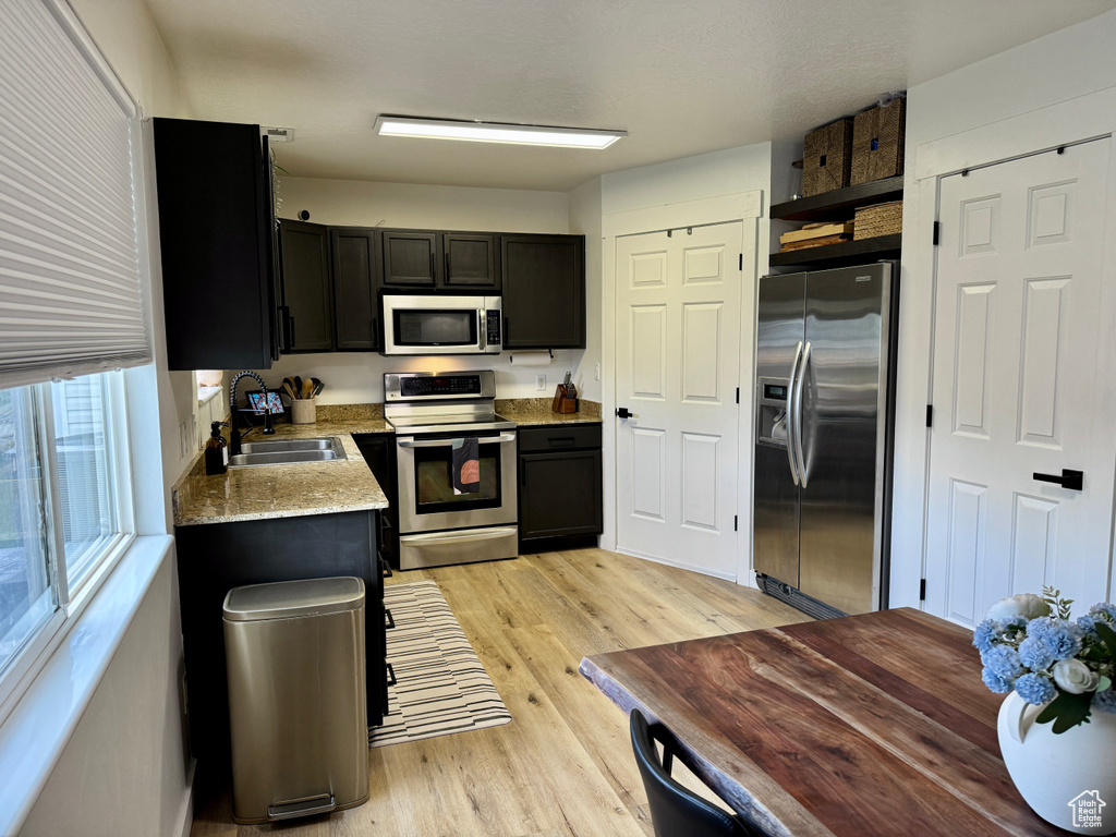 Kitchen featuring stainless steel appliances, a sink, dark cabinets, light wood finished floors, and open shelves