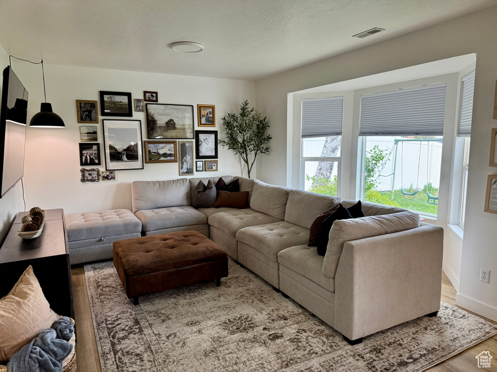 Living room with wood finished floors, baseboards, and a textured ceiling