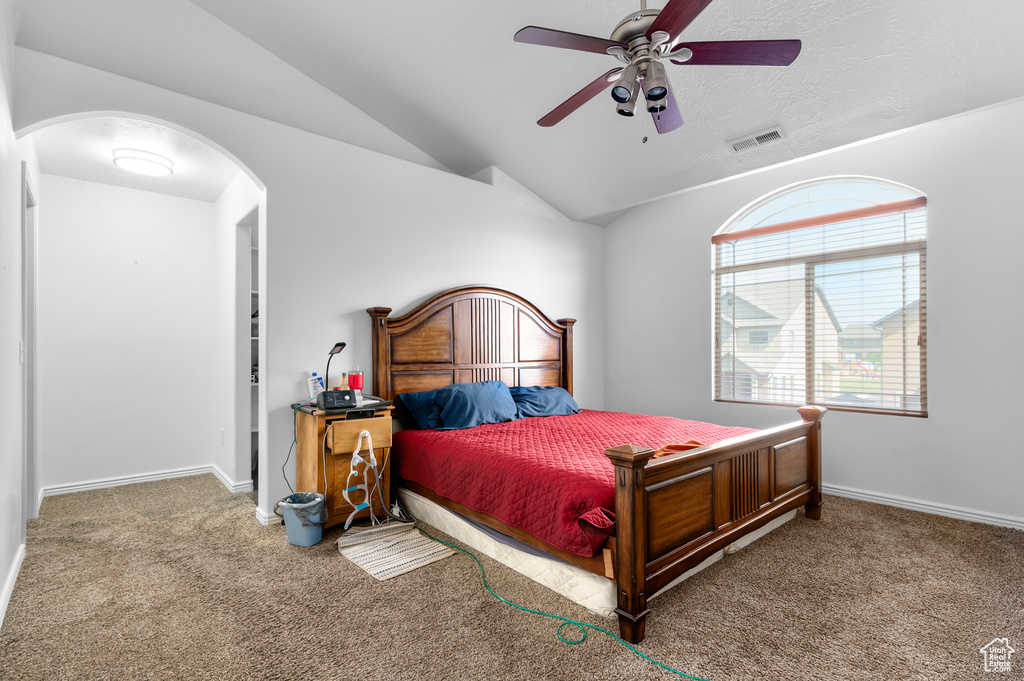 Carpeted bedroom featuring arched walkways, lofted ceiling, baseboards, and a ceiling fan