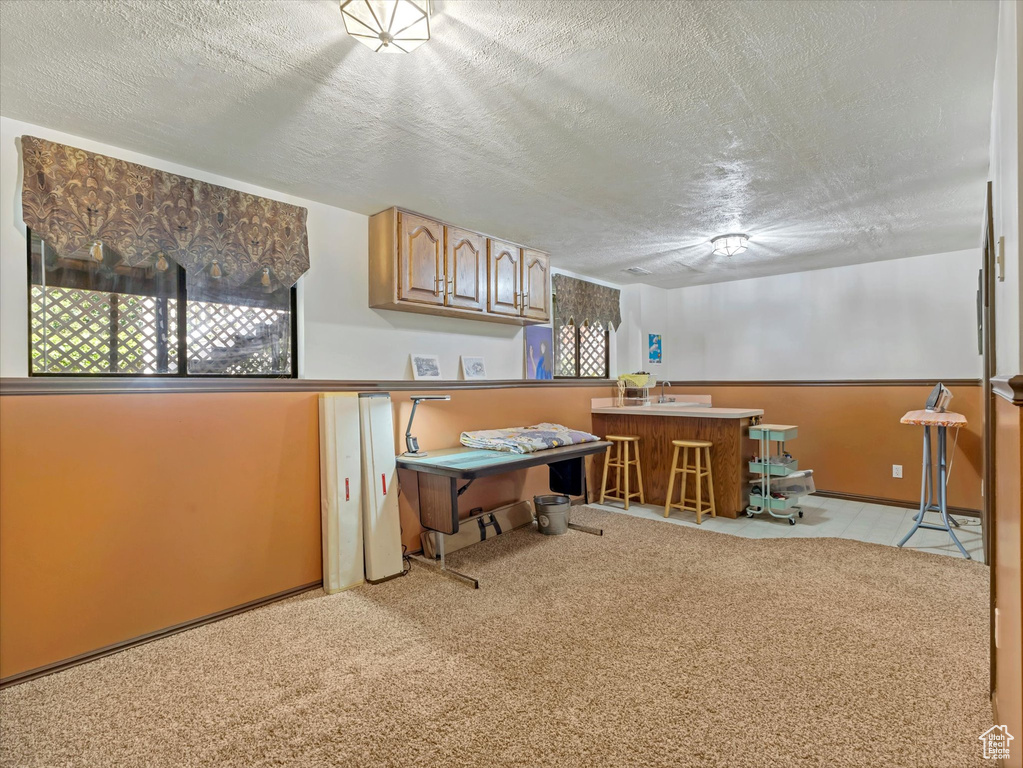 Playroom with carpet flooring and a textured ceiling