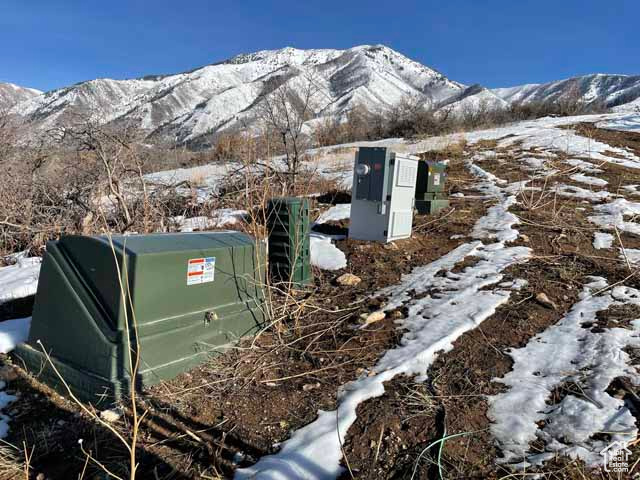 Exterior view of a pad mount transformer and a mountainous background