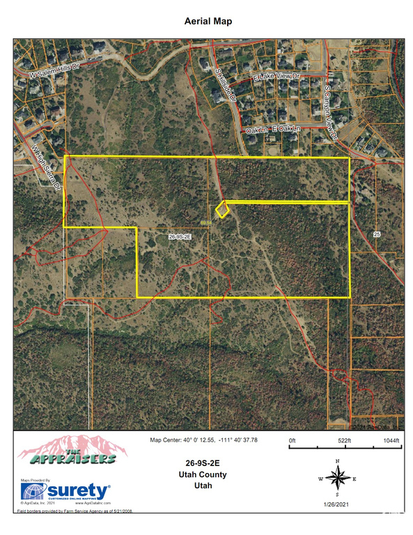 Aerial map of property and surrounding area featuring property boundaries highlighted