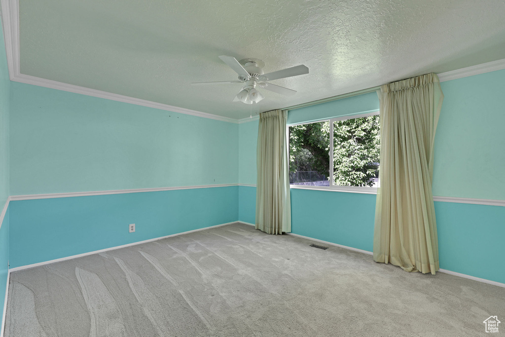 Empty room with ceiling fan, carpet, baseboards, crown molding, and a textured ceiling