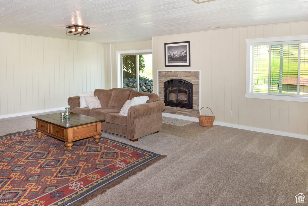 Carpeted living room featuring baseboards, a glass covered fireplace, and wood walls