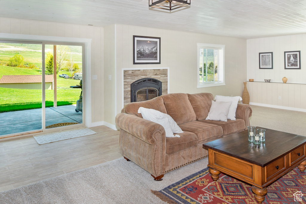 Living area featuring a glass covered fireplace, baseboards, wood finished floors, wooden walls, and wooden ceiling