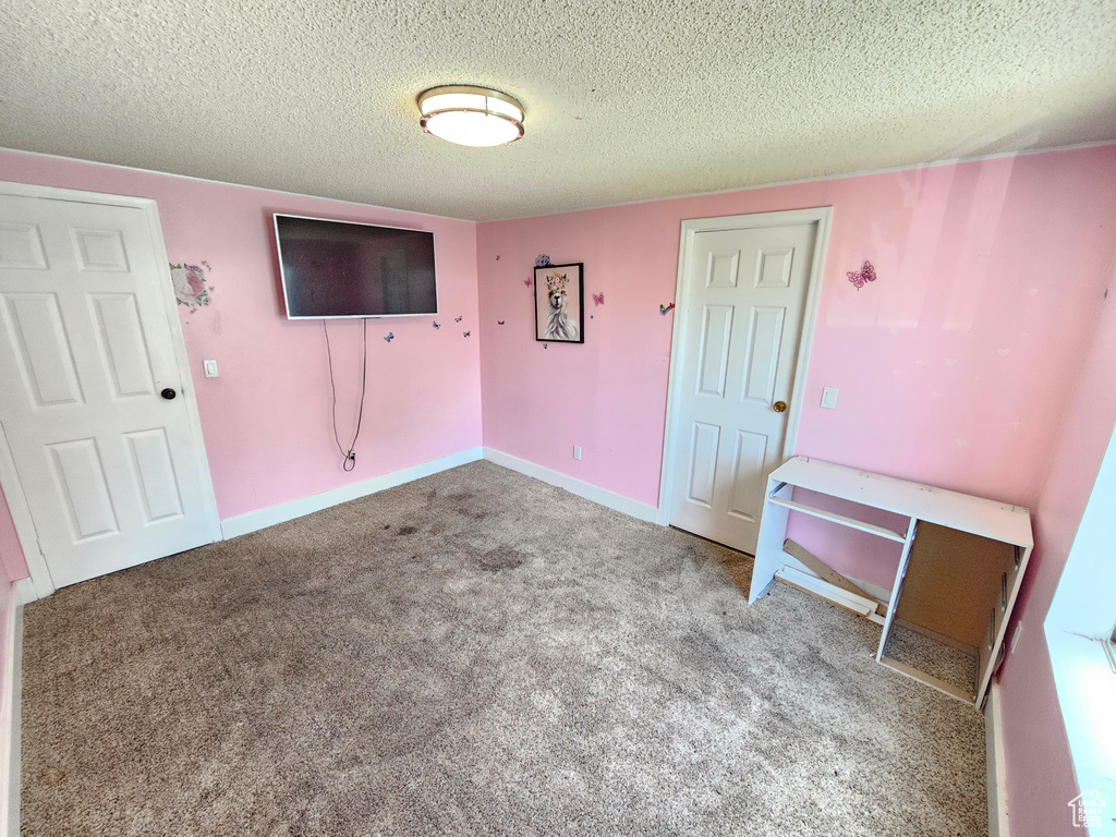 Carpeted empty room with a textured ceiling