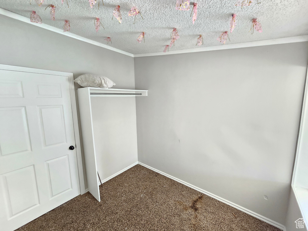 Unfurnished bedroom with carpet, a textured ceiling, a closet, ornamental molding, and baseboards