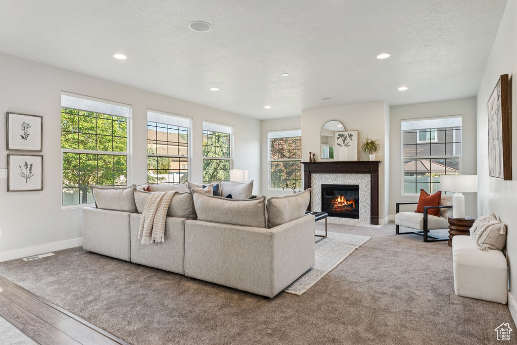 Carpeted living room with plenty of natural light, baseboards, a glass covered fireplace, and recessed lighting