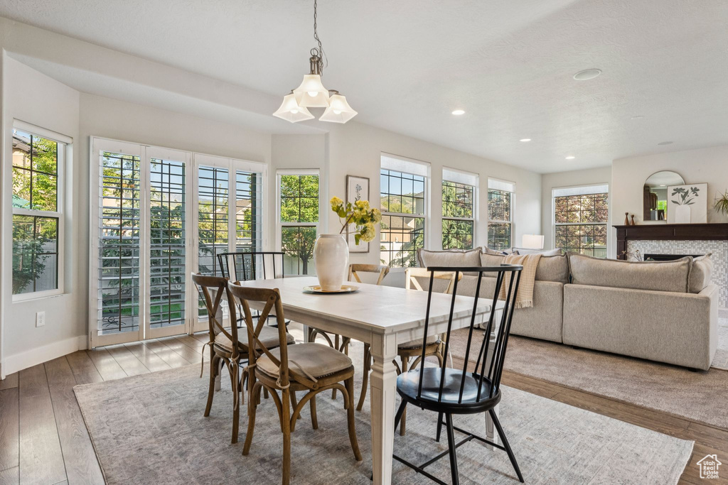 Dining space with recessed lighting, wood-type flooring, baseboards, and a fireplace