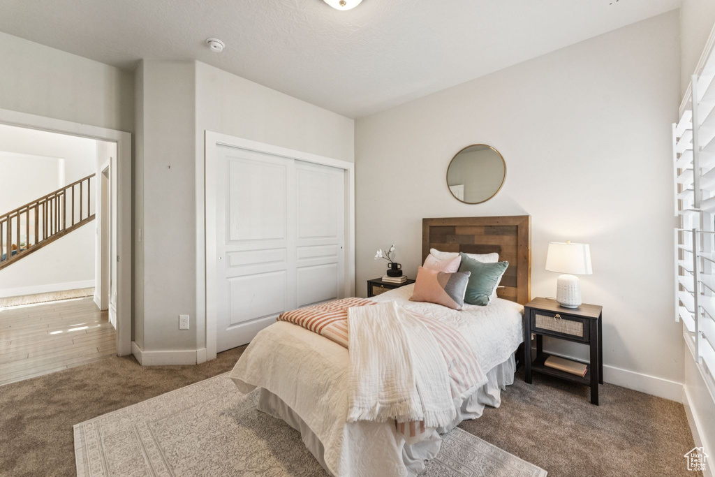 Bedroom featuring carpet floors, a closet, and baseboards