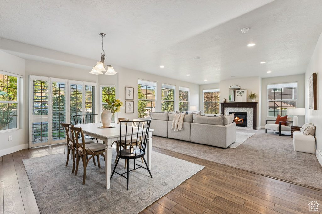 Dining area featuring healthy amount of natural light, hardwood / wood-style flooring, a glass covered fireplace, recessed lighting, and baseboards