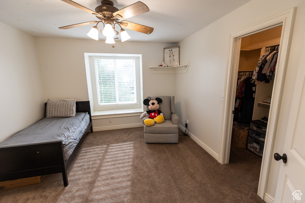 Bedroom with a walk in closet, carpet, and baseboards