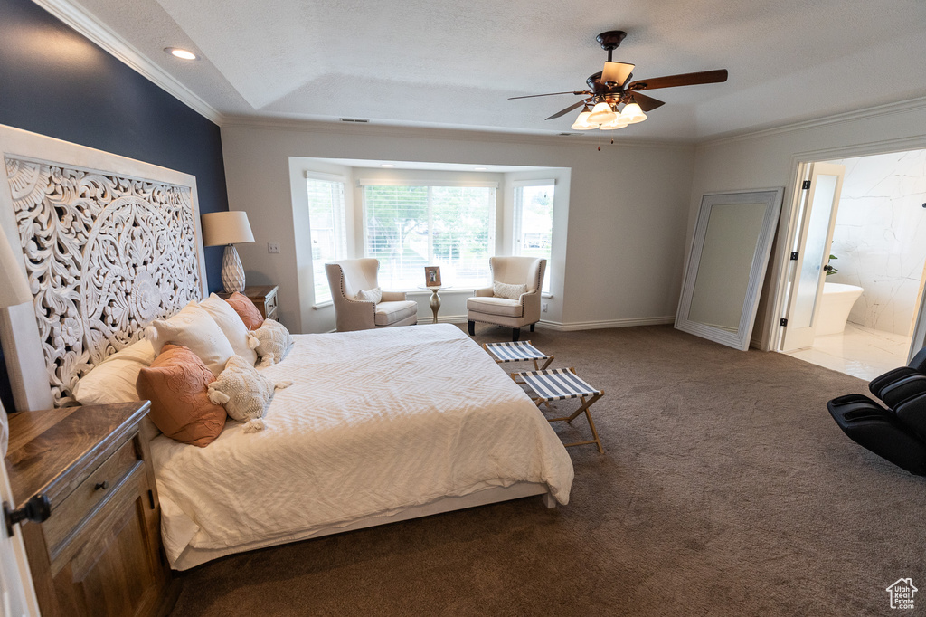 Carpeted bedroom featuring ornamental molding, a raised ceiling, baseboards, connected bathroom, and a ceiling fan