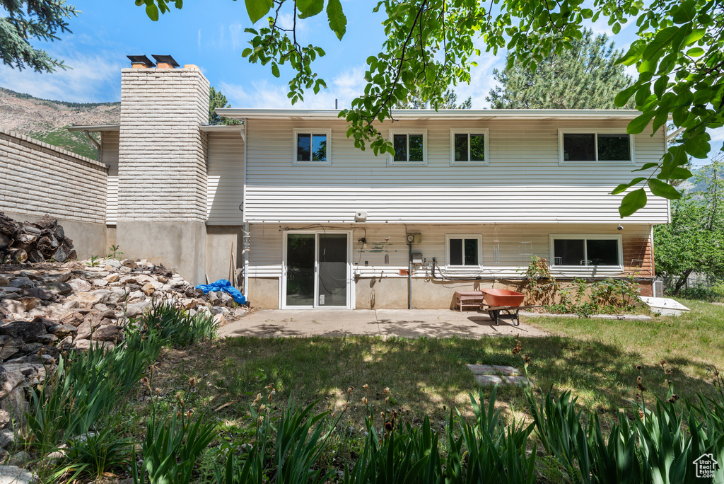 Rear view of property featuring a patio area, a chimney, and a lawn