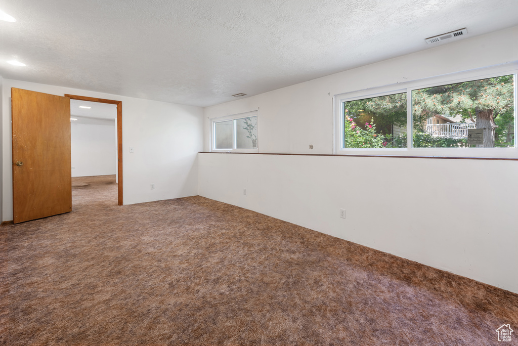 Spare room featuring carpet floors, healthy amount of natural light, and a textured ceiling