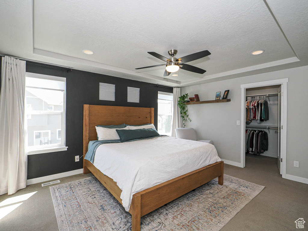 Carpeted bedroom with a raised ceiling, baseboards, a spacious closet, a textured ceiling, and a closet