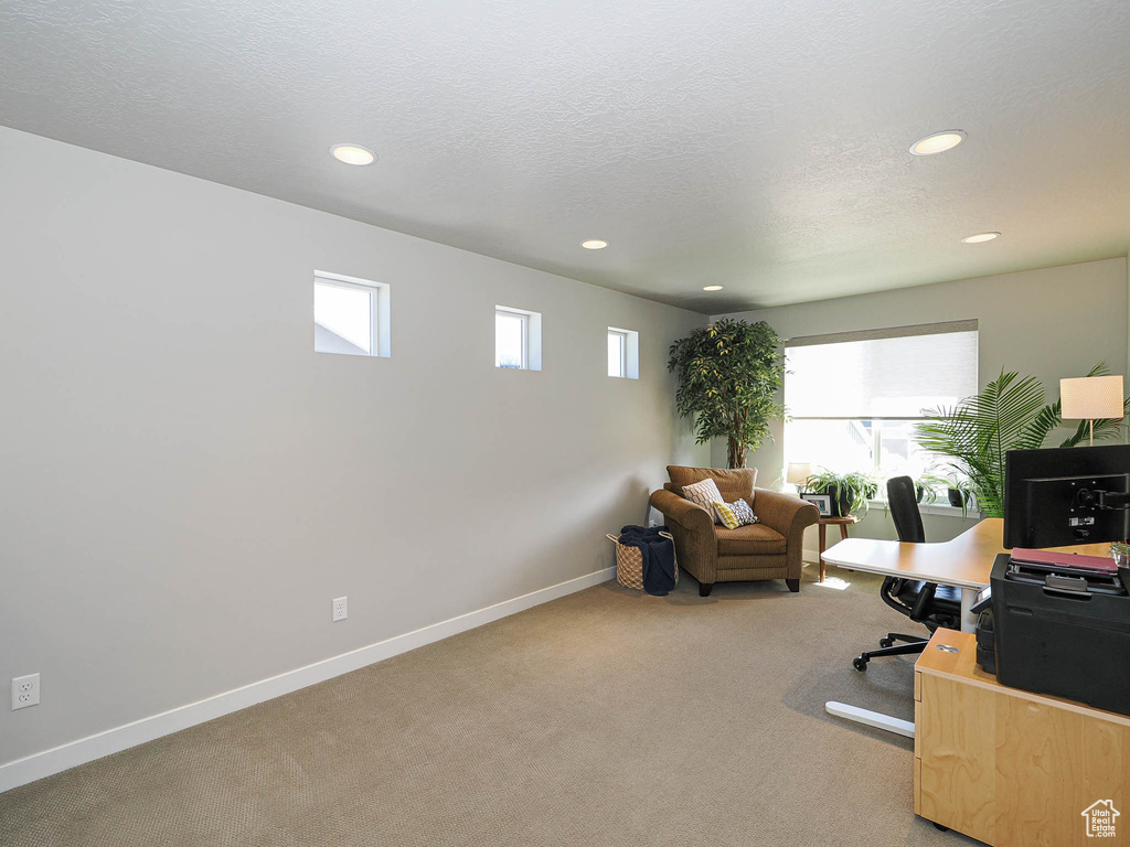 Carpeted office featuring recessed lighting, baseboards, and a textured ceiling