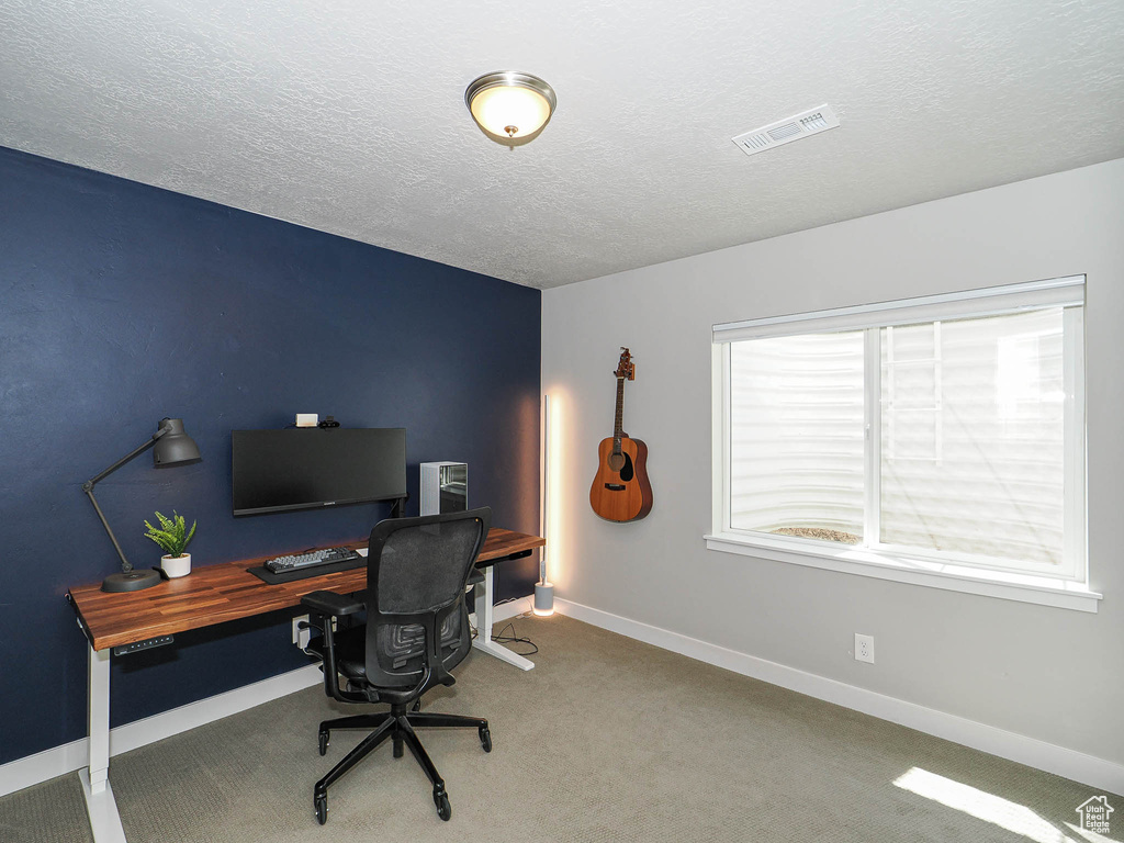 Carpeted office featuring a textured ceiling and baseboards
