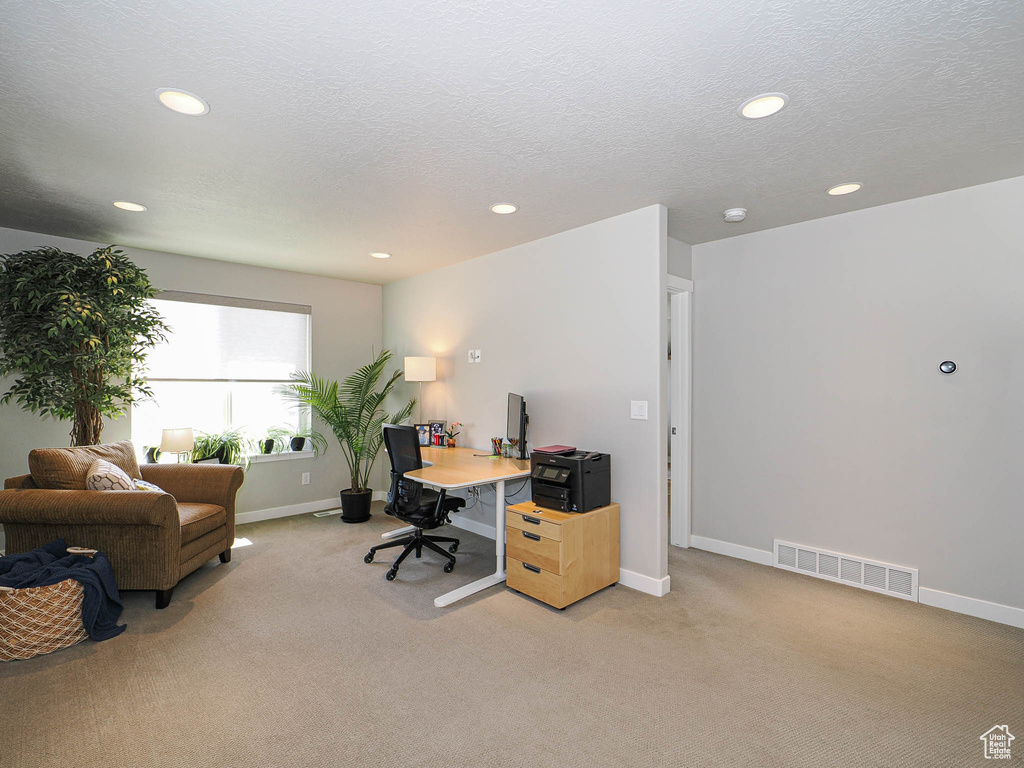 Office space featuring light colored carpet, recessed lighting, baseboards, and a textured ceiling