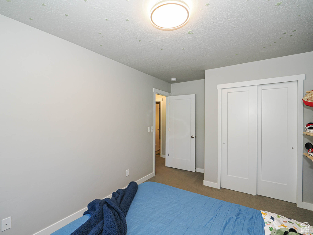 Carpeted bedroom featuring baseboards, a closet, and a textured ceiling