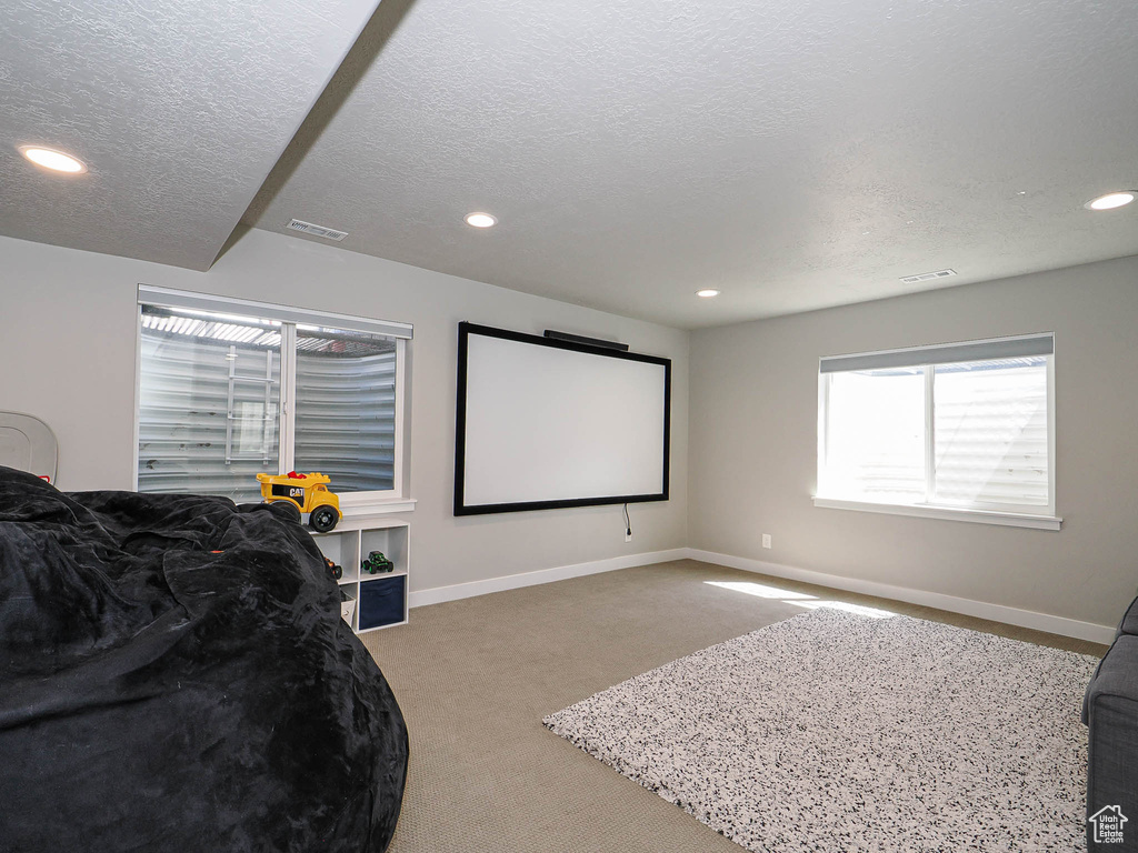 Carpeted cinema with recessed lighting, a textured ceiling, and baseboards