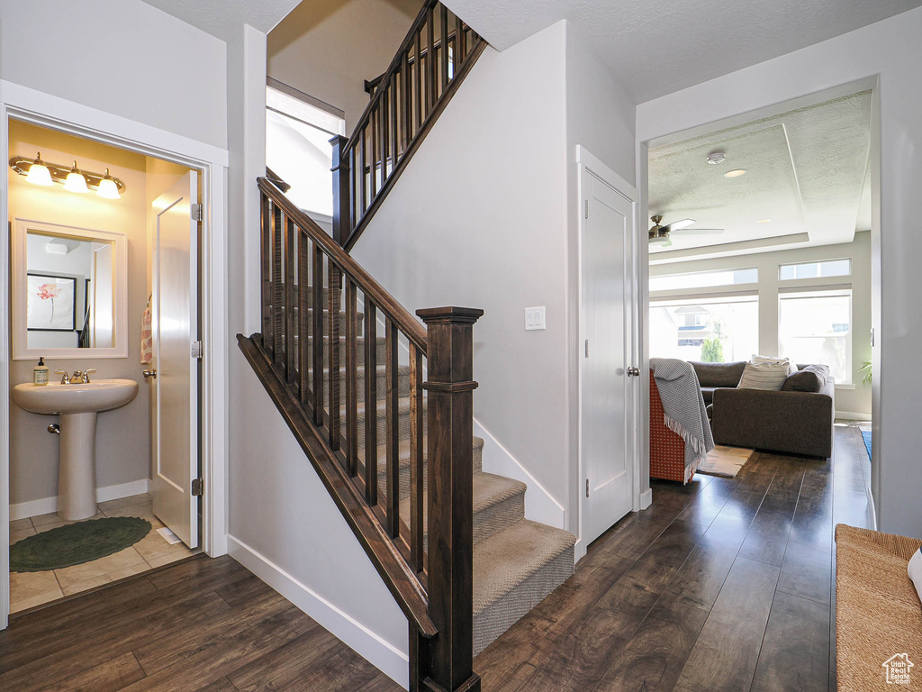 Stairway featuring hardwood / wood-style floors, a ceiling fan, baseboards, and a tray ceiling