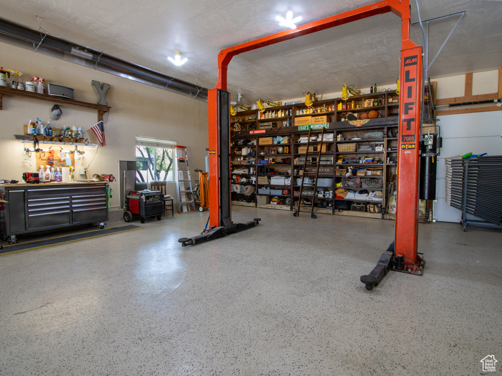 Garage with a workshop area