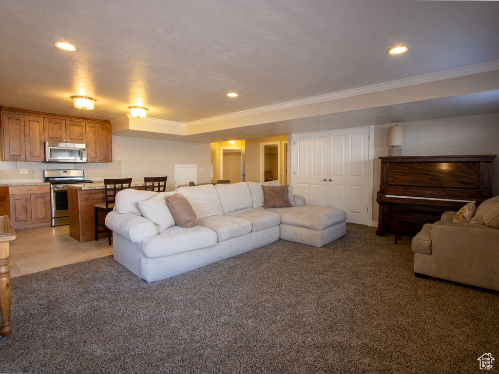 Living area with ornamental molding, light carpet, and recessed lighting
