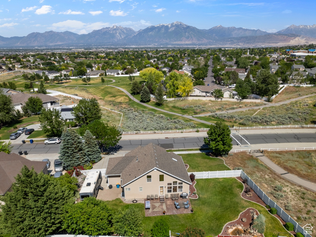 Aerial view of residential area with mountains