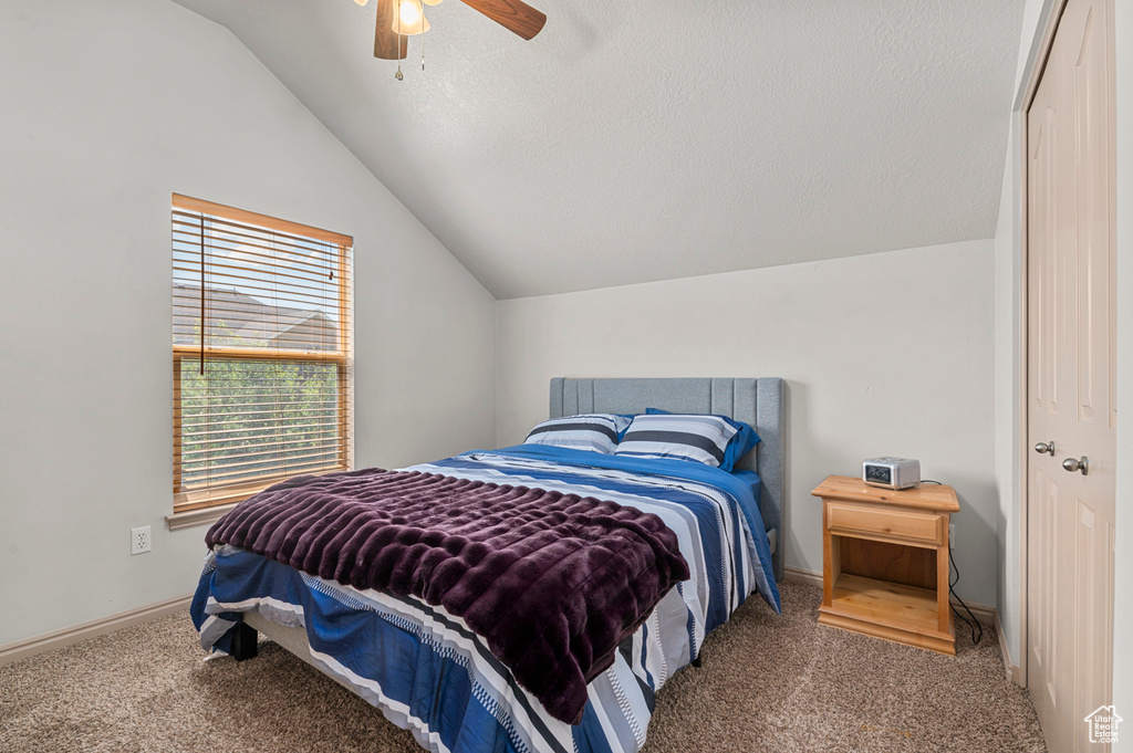 Carpeted bedroom featuring lofted ceiling, ceiling fan, and baseboards