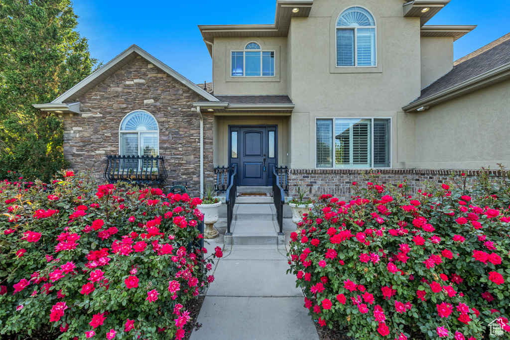 Doorway to property with stucco siding and stone siding