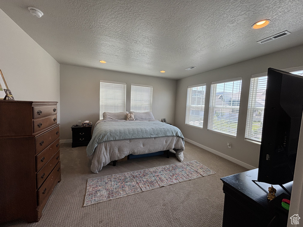 Carpeted bedroom featuring baseboards, a textured ceiling, and recessed lighting