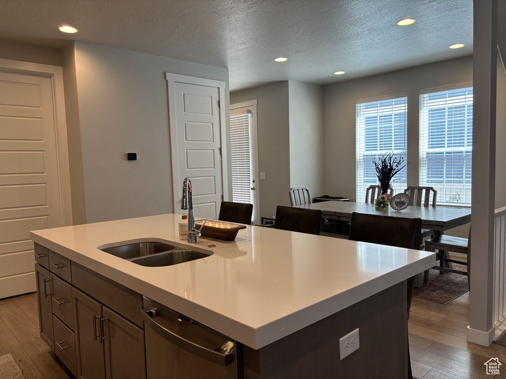 Kitchen featuring a sink, stainless steel dishwasher, light wood-style flooring, a textured ceiling, and light countertops