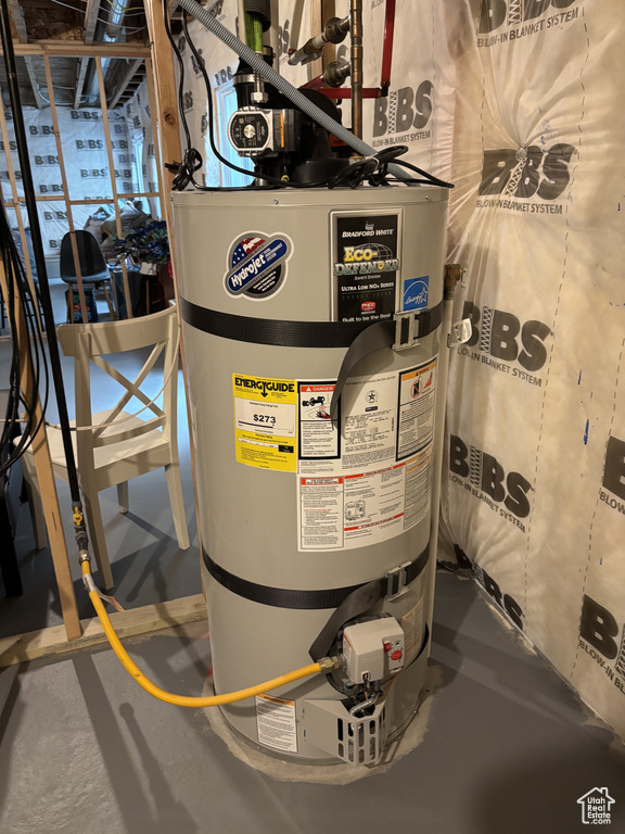 Utility room featuring strapped water heater